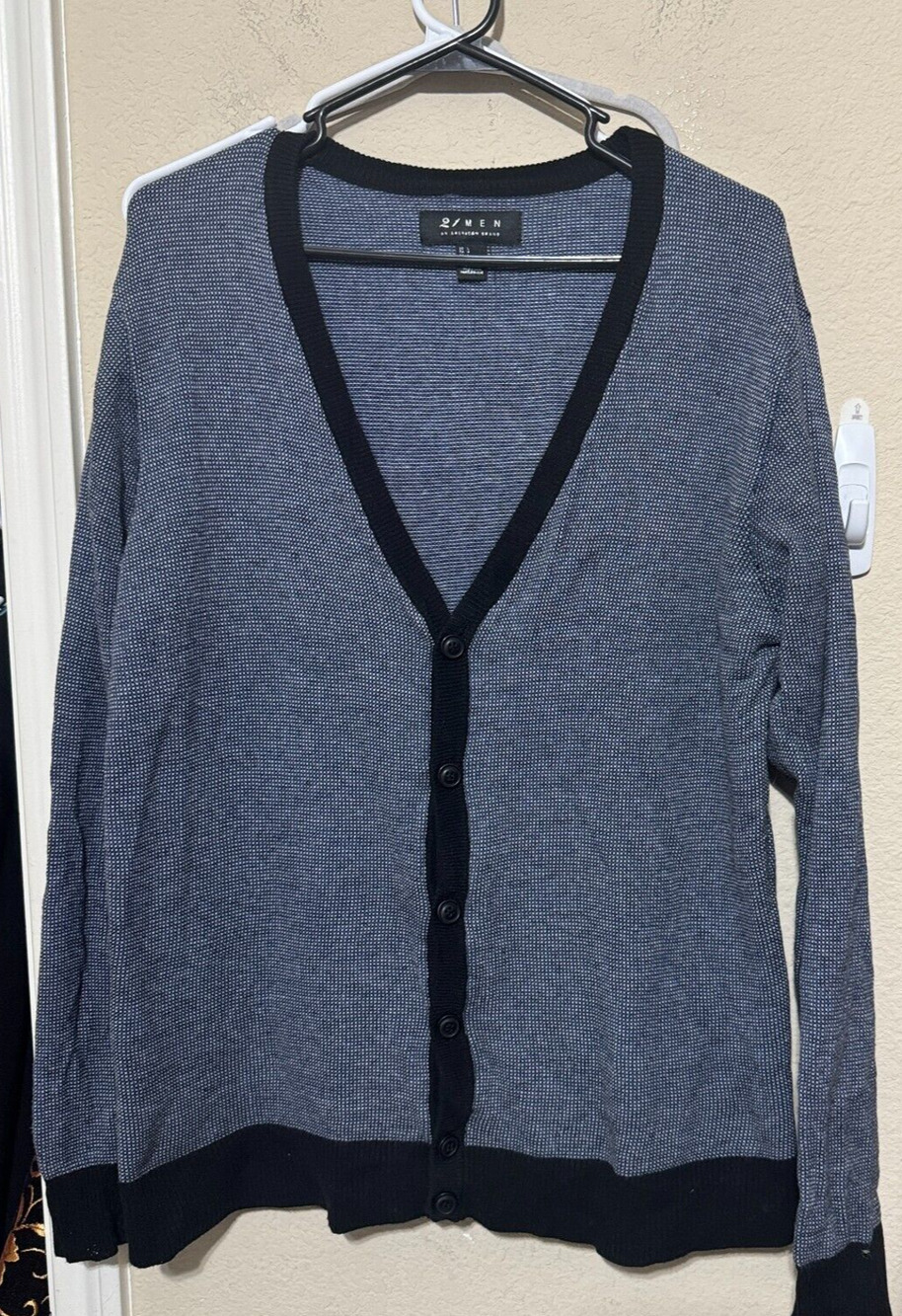 Forever 21 Men Sweater Cardigan Size Large Navy Blue birdseye knit academia